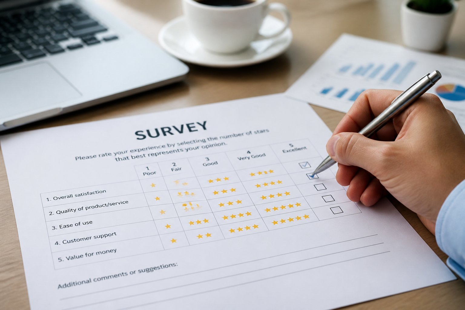 A person holding a pen filling out a paper survey form with rating scales at a desk with a laptop and coffee cup.